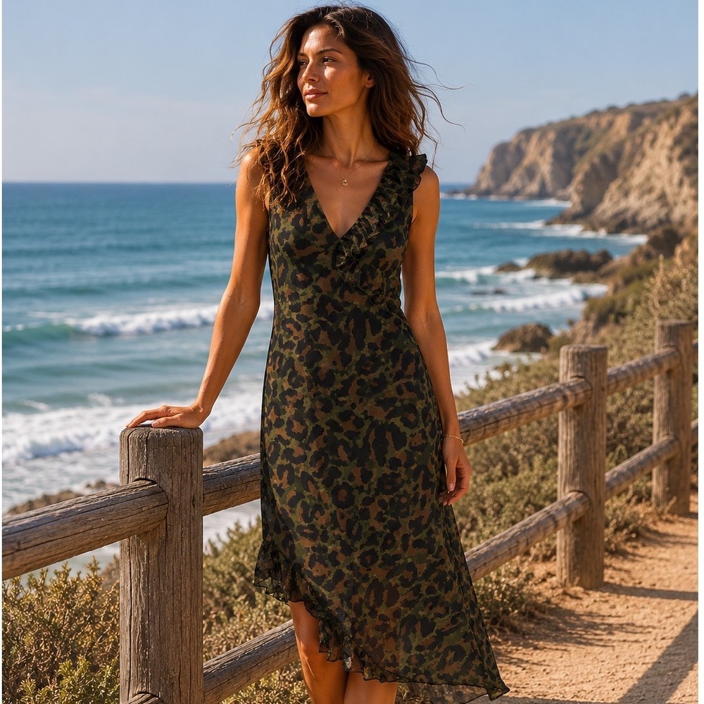 Zadig & Voltaire Rebelle Leo Dress Womens M Green Leopard Print Ruffle WFCK0403F